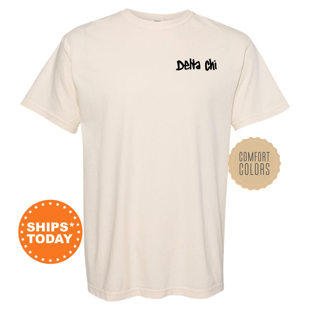a white t - shirt with the words delta chi on it