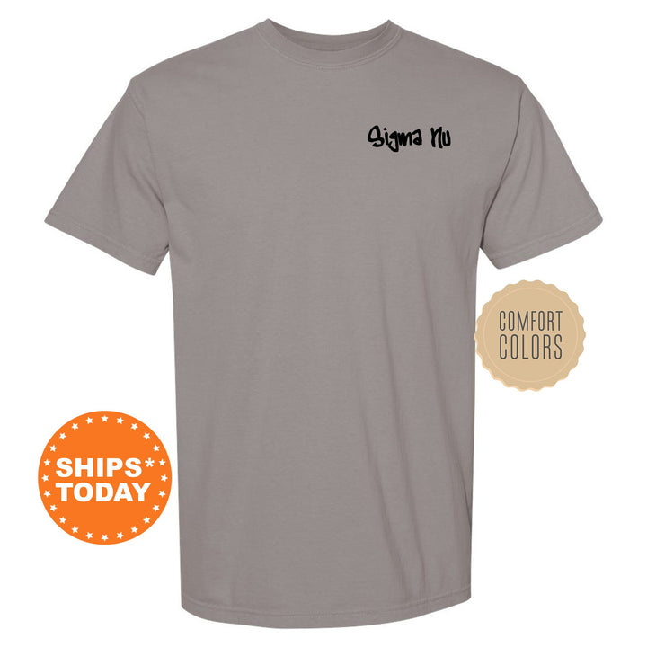 a gray t - shirt with a black logo on it