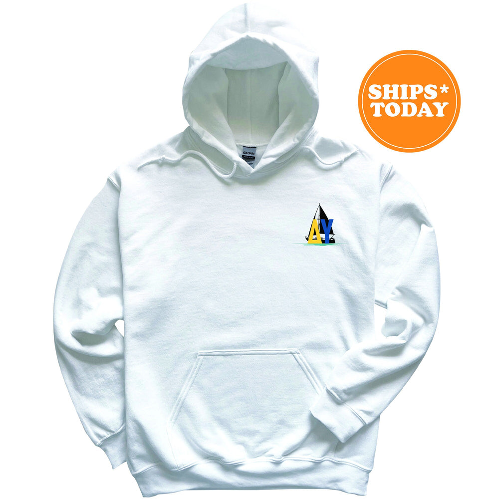 a white hoodie with a blue and yellow triangle on it
